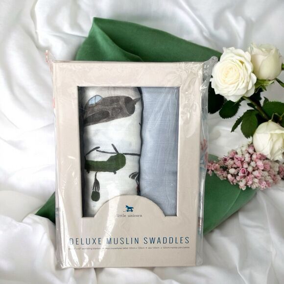 2 Pack Muslin Swaddles Baby Boy's Airshow/Blue Army Helicopters Aircraft Planes - Picture 1 of 1